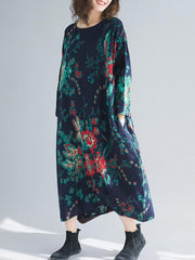Vintage Large Flower Round-Neck Midi Dress