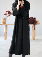 Women Retro Disc Button Solid Color Casual Dress