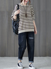 Women Striped Loose Casual Crew Neck Sweater