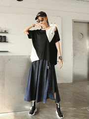 Round Neck Color Block Irregular Loose T-Shirt