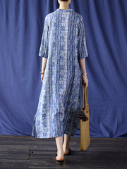 Retro Geometric Printd Stand Collar Cheongsam Midi Dress
