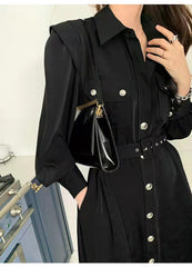 Retro Solid Color Midi Dress With Belt