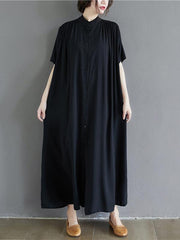 Solid Color Loose Dress Stand Collar Maxi Dress