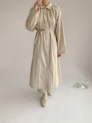 Women Lapel Retro Long Sleeve Casual Dress