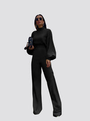Solid Color High-Neck Long Sleeve Casual Wide-Leg Jumpsuit