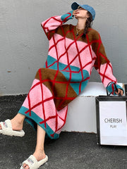 Casual Roomy Long Sleeves Contrast Color Round-Neck Sweater Dresses