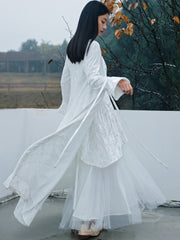 Retro Solid Embroidered Splicing Net Yarn V-Neck Maxi Dress