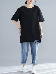 Loose Solid Hole Round Neck T-Shirt