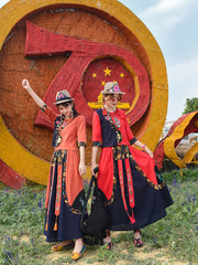 Ethnic Embroidered Flax Shirt With Elastic Waist Skirt Suit