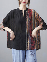 Retro See-Through Printed Half Sleeves Blouse