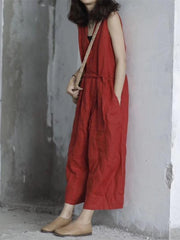 Pure Color Loose Comfortable Lace up Cotton Jumpsuit