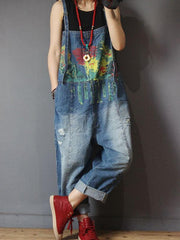 Denim Floral Print Long Jeans Jumpsuit