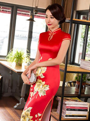 Red Side Split Long Cheongsam Dress