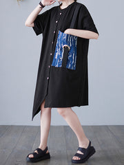 Printed Pocket Stitching Loose Irregular Dress