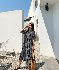 Black Printed Loose Ruffled Chiffon Dress