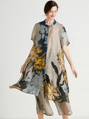 Artistic Retro Floral Stamped Buttoned Stand Collar Short Sleeves Blouse&Wide Legs Pants 2 Pieces Set