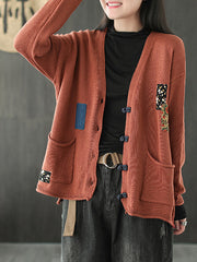 Women V-Neck Patch Cardigan Sweater