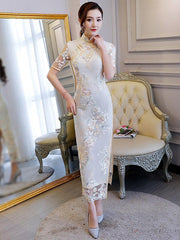 Embroidered Stand Collar Long Cheongsam Dress