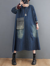 Denim Lapel Patchwork Loose Midi Dress