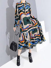 Bandage Printed Lapel Midi Dress