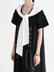 Clash French Lace Dress With Navy Neckline And Short Sleeves