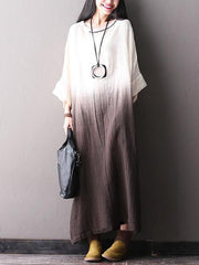 Batwing Slieeves Gradient Brown Cotton Long Dress