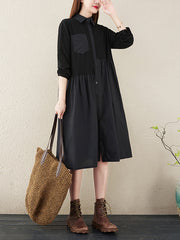 Lapel Solid Color Patchwork Midi Dress