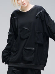 Round Neck Cotton Multi-Pocket Long-Sleeved Sweatshirt