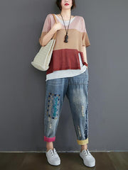 Loose False-Two Light Knitting Striped T-Shirts