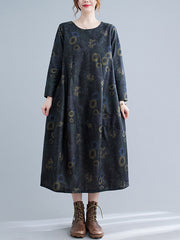 Retro Print Round Neck Loose Midi Dress
