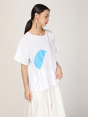 Vintage Blue Semicircle Print Round-Neck T-Shirt