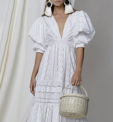 Deep V-Neck Puff Sleeve Lace Hollow Maxi Dress