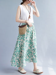 Leaf Printed Elastic Waist Skirt