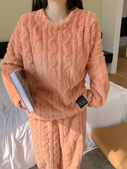 Casual Coral Fleece Jacquard Long Sleeve Top & Pants Pajamas Set