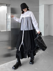 Fashion Roomy Contrast Color Mesh Split-Joint Lapel Midi Dresses