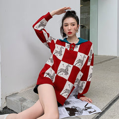 Plaid Color-Blocking Retro Long Sleeve Knitted Sweater