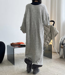 Loose Soft V Neck Lantern Long Sleeve Midi Dress