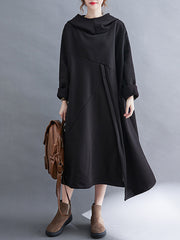 Fleece Thick Hooded Irregular Stitching Casual Midi Dress