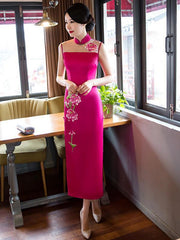 Yellow&Fuschia Hollow Embroidered Stand-collar Long Cheongsam