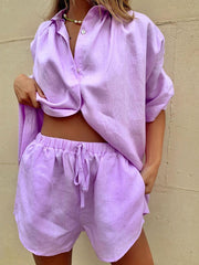 Women Solid Color Single Breast Short Sleeve Casual Suit