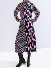 Vintage Splice Floral Stand Collar Midi Dress