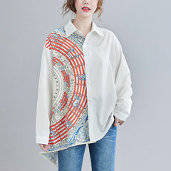Women Irregular Personality Splicing Lapel Collar Casual Shirt