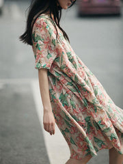 Vintage Floral Printed Pleated Short Dress