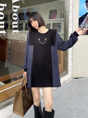 Loose Contrasting Color Stitching Chain Striped Dress