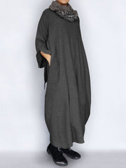 Casual Loose Solid Color Falbala Round-Neck Long Sleeves Maxi Dress