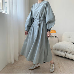 Round-Neck Puff Sleeves Midi Dress