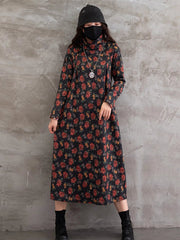 Vintage Floral Printed Stand Collar Midi Dress
