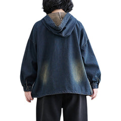 Drawstring Hooded Double Pocket Denim Sweatshirt