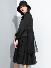 Black Loose Splicing Mesh Shirt Dress
