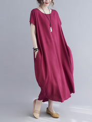 Women Round Neck Solid Color Loose Casual Dress